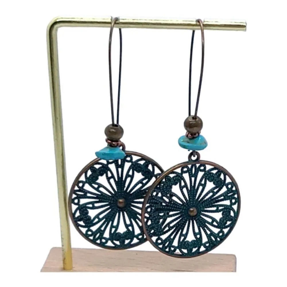 Copper Patina Filigree Earrings Boho Western Dangle Jewelry Earthy Desert Muse